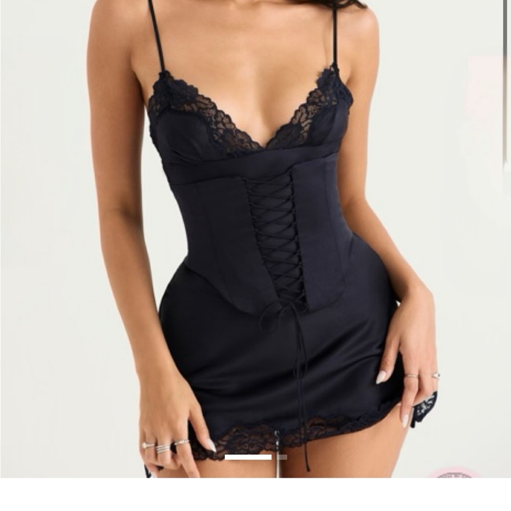 House of CB navy blue slip satin dress + corset with lace detail (S)